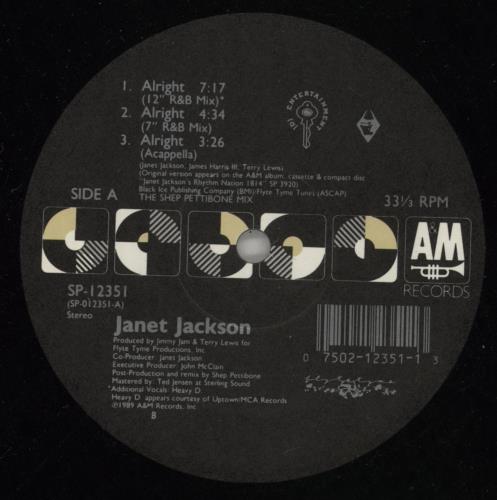 Janet Jackson Alright 12" vinyl single (12 inch record / Maxi-single) US J-J12AL43003