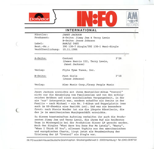 Janet Jackson Control 7" vinyl single (7 inch record / 45) UK J-J07CO602176