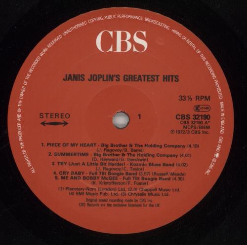 Janis Joplin Greatest Hits vinyl LP album (LP record) UK JNJLPGR429921