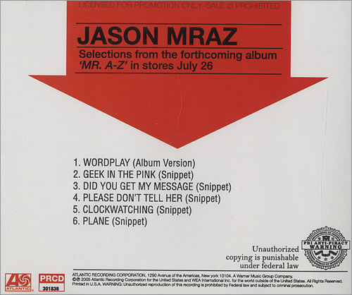 Jason Mraz Selections From Mr A-Z CD single (CD5 / 5") US JA8C5SE440884