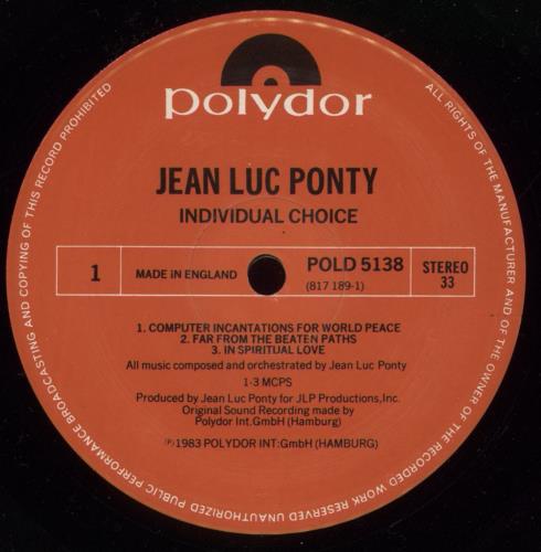 Jean-Luc Ponty Individual Choice vinyl LP album (LP record) UK JA7LPIN663960