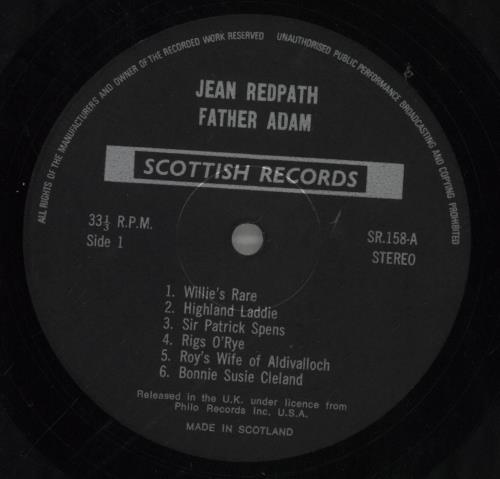 Jean Redpath Father Adam vinyl LP album (LP record) US ZGFLPFA717934