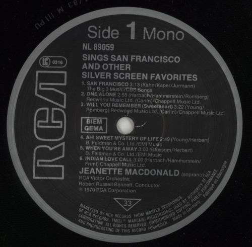 Jeanette MacDonald Sings San Francisco And Other Silver Screen Favourites vinyl LP album (LP record) German J59LPSI866628
