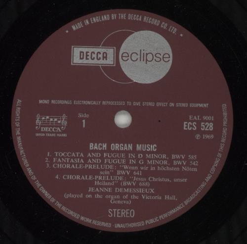 Jeanne Demessieux Bach Organ Music vinyl LP album (LP record) UK K6CLPBA671004