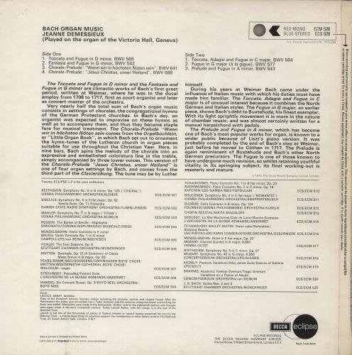 Jeanne Demessieux Bach Organ Music vinyl LP album (LP record) UK K6CLPBA671004