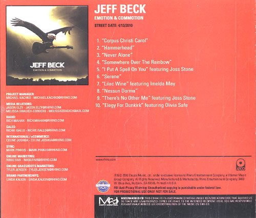 Jeff Beck Emotion & Commotion CD-R acetate US BEKCREM506751
