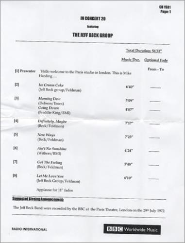 Jeff Beck In Concert 20 CD-R acetate UK BEKCRIN369280