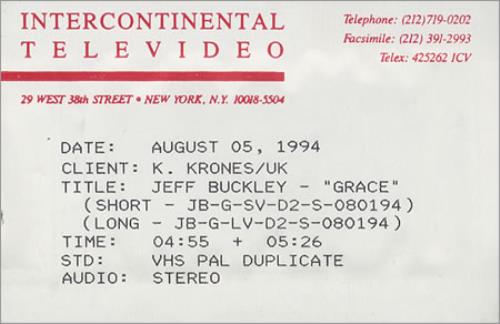 Jeff Buckley Grace video (VHS or PAL or NTSC) US JFBVIGR399092