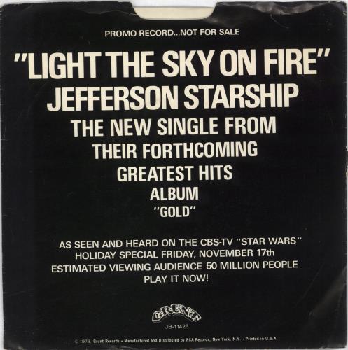 Jefferson Starship Light The Sky On Fire + Promo Sleeve 7" vinyl single (7 inch record / 45) US JFS07LI718318