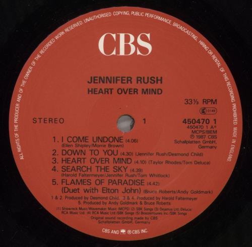 Jennifer Rush Heart Over Mind vinyl LP album (LP record) UK JRULPHE287199