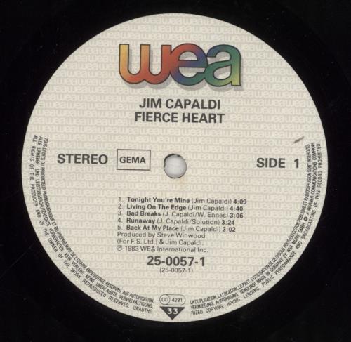 Jim Capaldi Fierce Heart vinyl LP album (LP record) German JCPLPFI302144