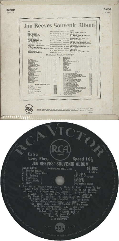 Jim Reeves Jim Reeves' Souvenir Album vinyl LP album (LP record) South African JB1LPJI629472