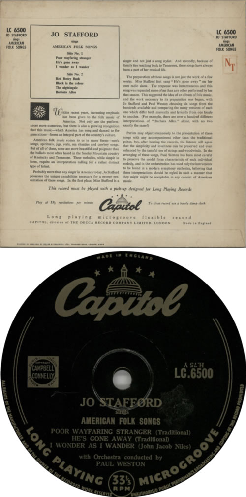 Jo Stafford American Folk Songs 10" vinyl single (10 inch record) UK JS010AM615336