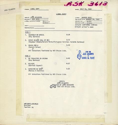Jo�o Gilberto Brasil - Test Pressing vinyl LP album (LP record) US JLULPBR362666