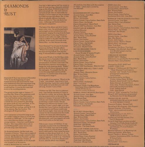 Joan Baez Diamonds & Rust vinyl LP album (LP record) UK JBZLPDI371024