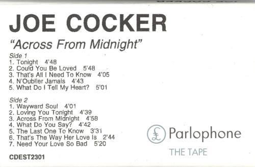 Joe Cocker Across From Midnight cassette album UK JOECLAC107773