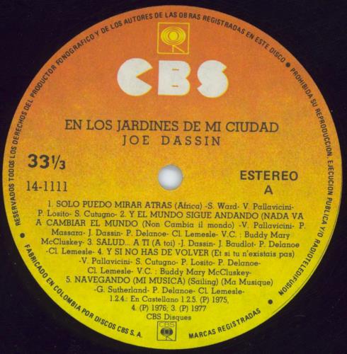 Joe Dassin En Los Jardines De Mi Ciudad vinyl LP album (LP record) Colombian JSNLPEN809167