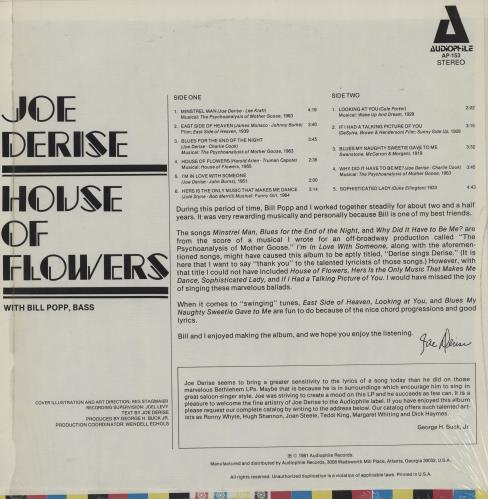 Joe Derise House Of Flowers vinyl LP album (LP record) US K8ELPHO761931