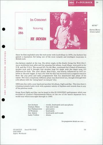 Joe Jackson In Concert 286 vinyl LP album (LP record) UK JOJLPIN424991