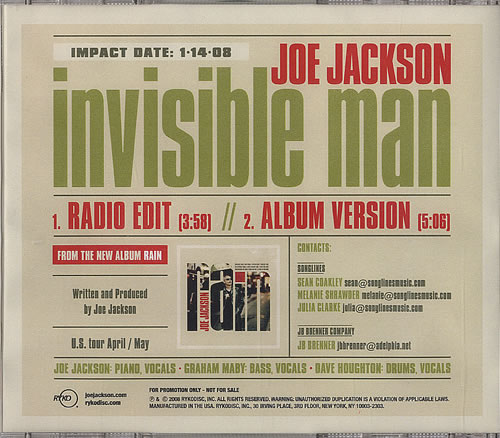 Joe Jackson Invisible Man CD single (CD5 / 5") US JOJC5IN451741