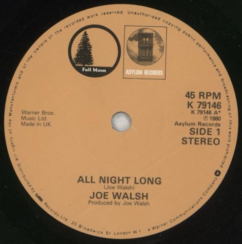 Joe Walsh All Night Long - P/s 7" vinyl single (7 inch record / 45) UK JWL07AL866258