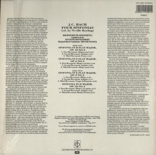 Johann Christian Bach J. C. Bach: Sinfonias vinyl LP album (LP record) UK J4HLPJC876659