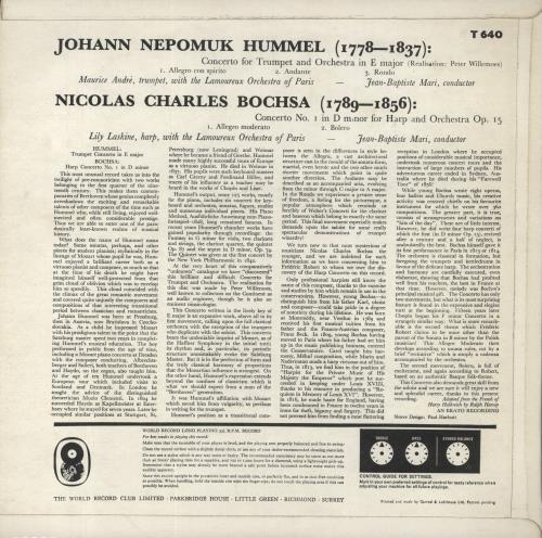 Johann Hummel Hummel: Trumpet Concerto / Bochsa: Harp Concerto vinyl LP album (LP record) UK J5HLPHU850117