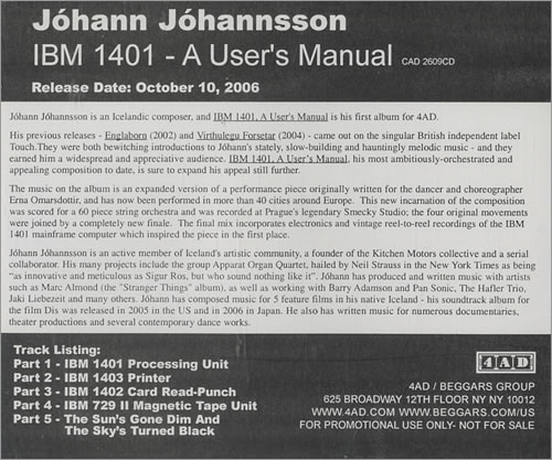 Johann Johannsson IBM 1401- A User's Manual CD album (CDLP) US JF8CDIB444071