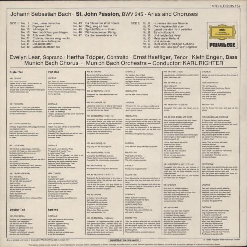 Johann Sebastian Bach Bach: St. John Passion - Arias And Chorus vinyl LP album (LP record) UK JHHLPBA863863
