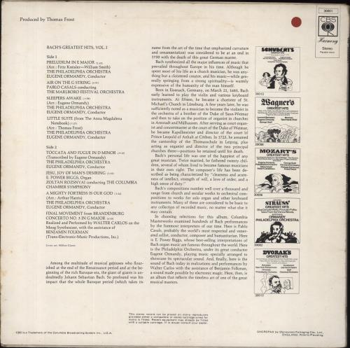 Johann Sebastian Bach Bach's Greatest Hits Vol.1 vinyl LP album (LP record) UK JHHLPBA577793