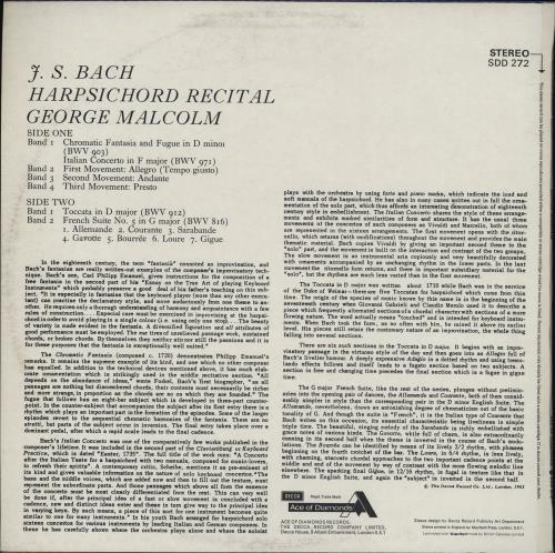 Johann Sebastian Bach Harpsichord Recital vinyl LP album (LP record) UK JHHLPHA751621