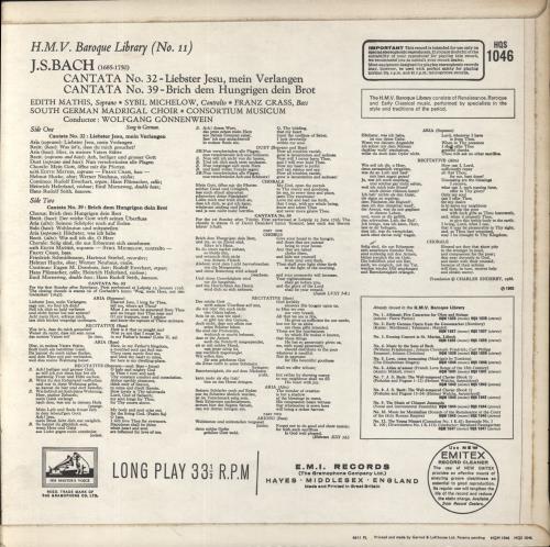 Johann Sebastian Bach J. S. Bach: Cantatas No. 32 / Cantata No. 39 vinyl LP album (LP record) UK JHHLPJS856991