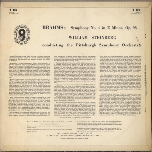 Johannes Brahms Brahms: Symphony No. 4 in E Minor Op. 98 vinyl LP album (LP record) UK B10LPBR854774