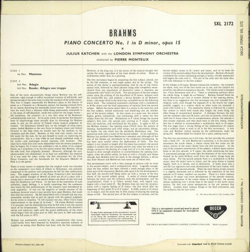Johannes Brahms Piano Concerto No 1 vinyl LP album (LP record) UK B10LPPI785739