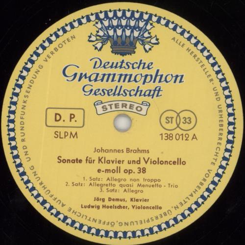Johannes Brahms Sonate Fur Klavier Und Violoncello E-moll Op. 38 / Sonate Fur Klavier Und Violoncello F-dur Op. 99 vinyl LP album (LP record) German B10LPSO857017