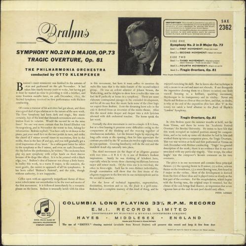 Johannes Brahms Symphony No 2 In D Major / Tragic Overture - 1st vinyl LP album (LP record) UK B10LPSY811923