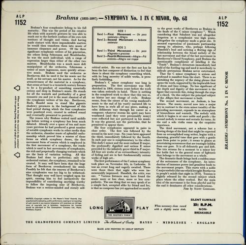 Johannes Brahms Symphony No. 1 in C Minor, Op.68 vinyl LP album (LP record) UK B10LPSY764412