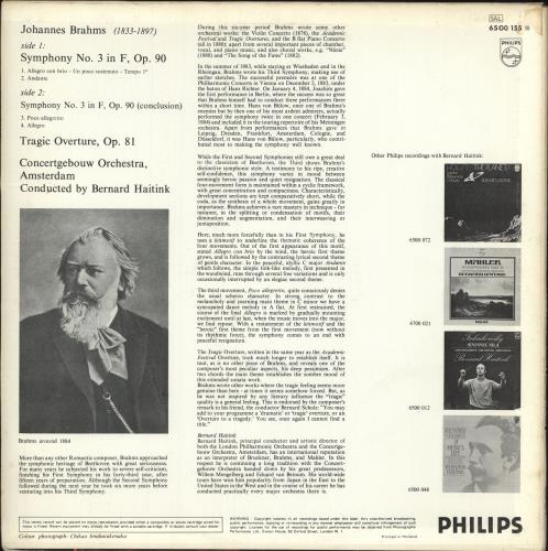 Johannes Brahms Symphony No. 3 / Tragic Overture vinyl LP album (LP record) Dutch B10LPSY743631