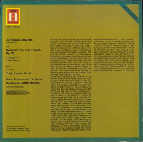 Johannes Brahms Symphony No. 3 in F Major Op.90 / Tragic Overture, Op.81 vinyl LP album (LP record) UK B10LPSY638300
