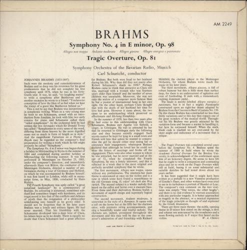 Johannes Brahms Symphony No. 4 / Tragic Overture vinyl LP album (LP record) UK B10LPSY784304