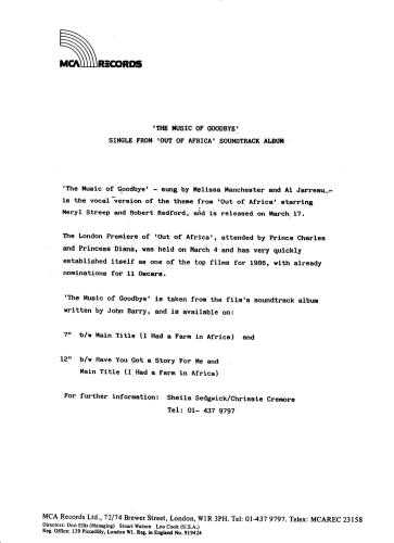 John Barry (Composer) Out Of Africa 7" vinyl single (7 inch record / 45) UK JBY07OU622639