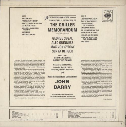 John Barry (Composer) The Quiller Memorandum vinyl LP album (LP record) UK JBYLPTH535226