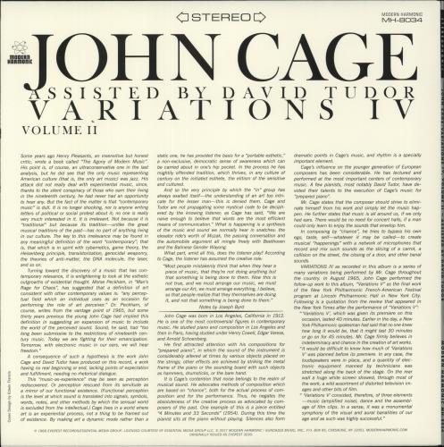 John Cage Variations IV Volume II - Clear Vinyl vinyl LP album (LP record) US JCGLPVA863913