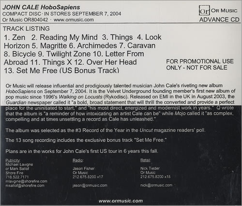 John Cale Hobosapiens CD-R acetate US JCACRHO465449