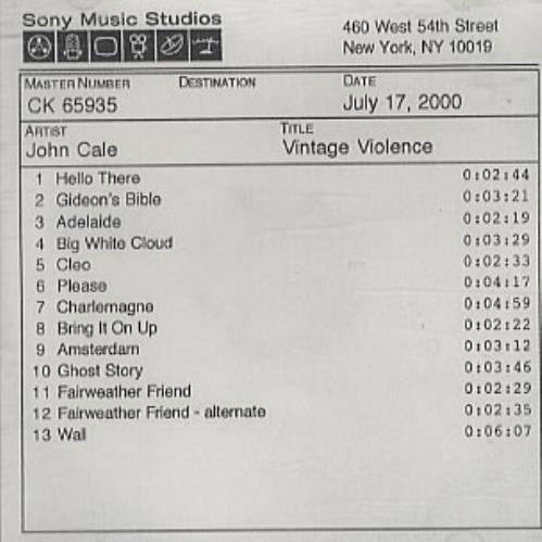 John Cale Vintage Violence CD-R acetate US JCACRVI336786