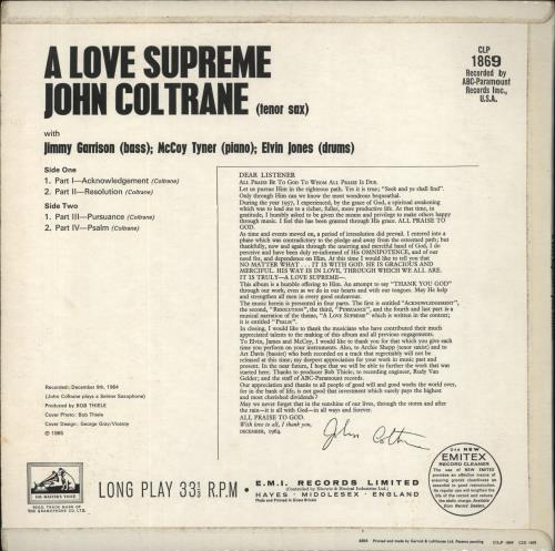 John Coltrane A Love Supreme - VG vinyl LP album (LP record) UK JCOLPAL836162