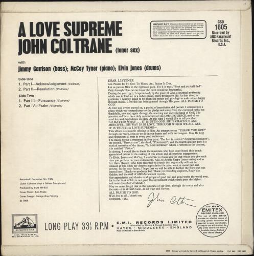 John Coltrane A Love Supreme - VG vinyl LP album (LP record) UK JCOLPAL880899