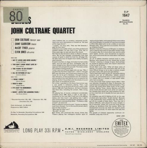 John Coltrane Ballads - 1st vinyl LP album (LP record) UK JCOLPBA880679