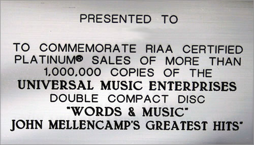John Cougar Mellencamp Words And Music award disc US JMEAWWO440158