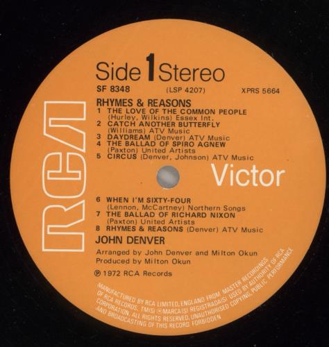 John Denver Rhymes & Reasons vinyl LP album (LP record) UK DNVLPRH382665